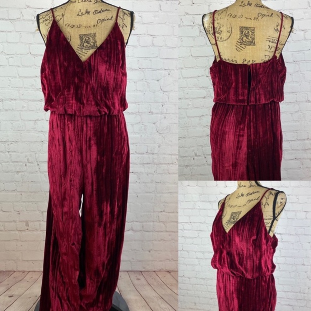 Aiden Wine Color Crush Velvet V Neckline Wide Leg Jumpsuit